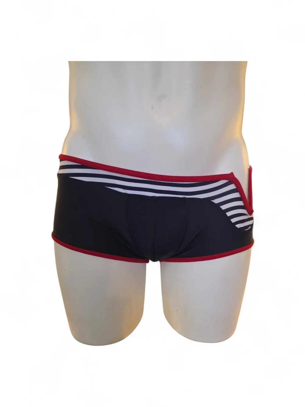 Men's Navy Swim Trunks with Red Trim and White Stripe Detail UNIQUE V CUT OUT - Picture 2 of 5